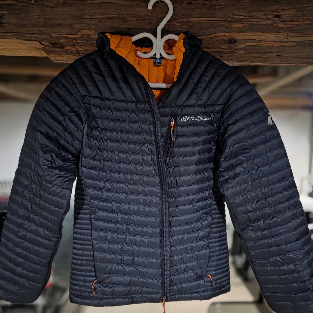 Sold** Eddie Bauer Black and Orange Quilted Puffer Jacket